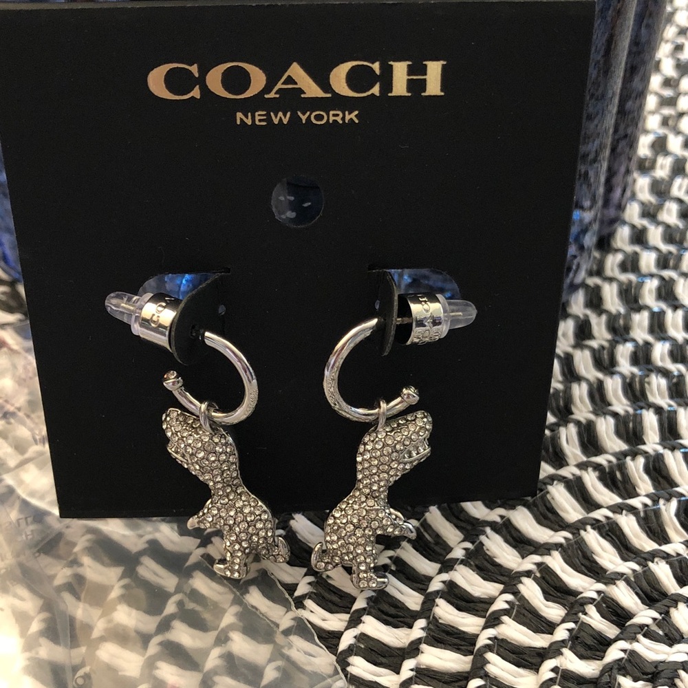Authentic new Coach Silver Crystal Dinosaur Drop Earrings - Picture 7 of 10